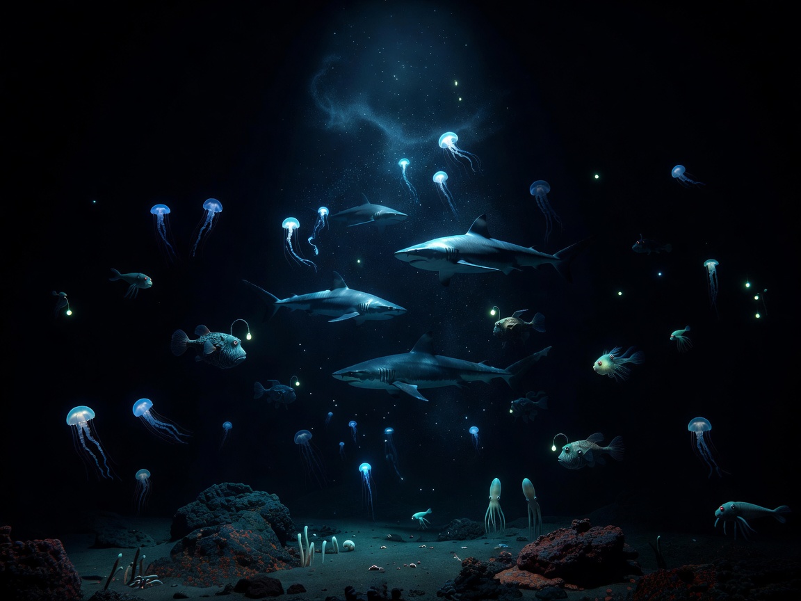 Beautiful dark blue deep sea visuals representing the abyss slot cabinet theme with sharks and marine life