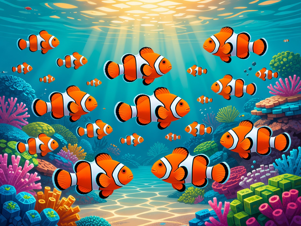 Bright colored clownfish swimming under golden light, showcasing design style of Marine Fish Slot classic game board