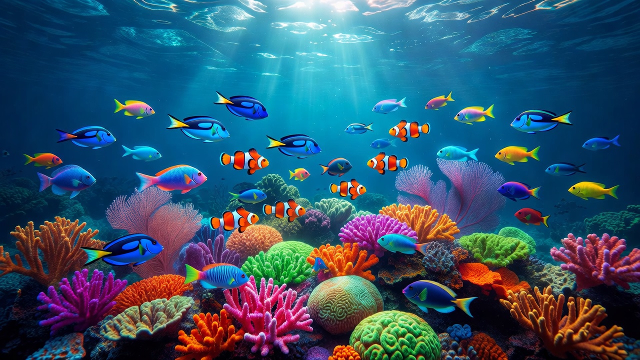 Colorful deep blue underwater coral reef with neon tropical fish, presenting clean design inspiration for game art and slots theme