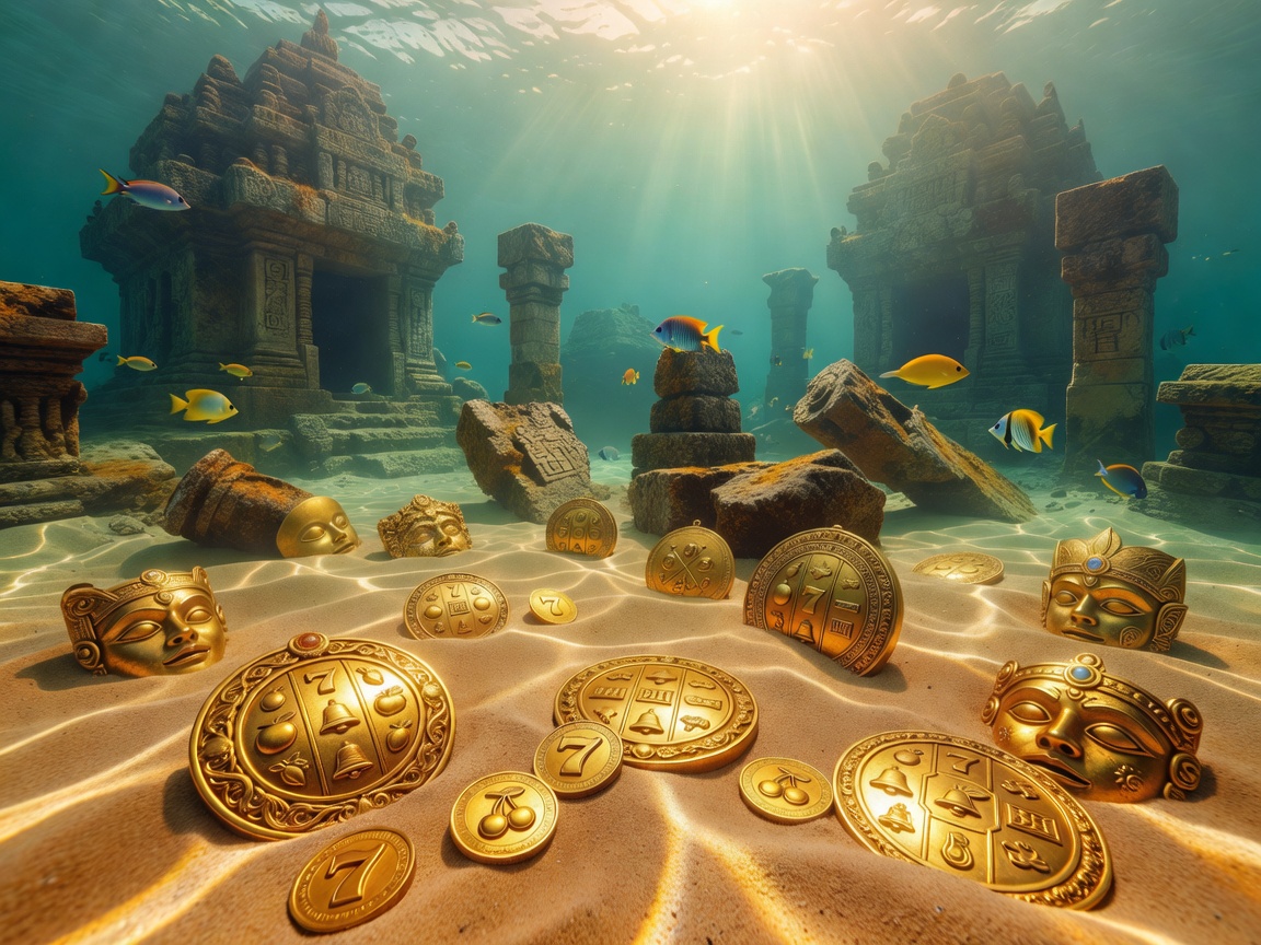 Submerged ancient gold artifacts and lost temples on the warm tropical beach sand representing slot theme